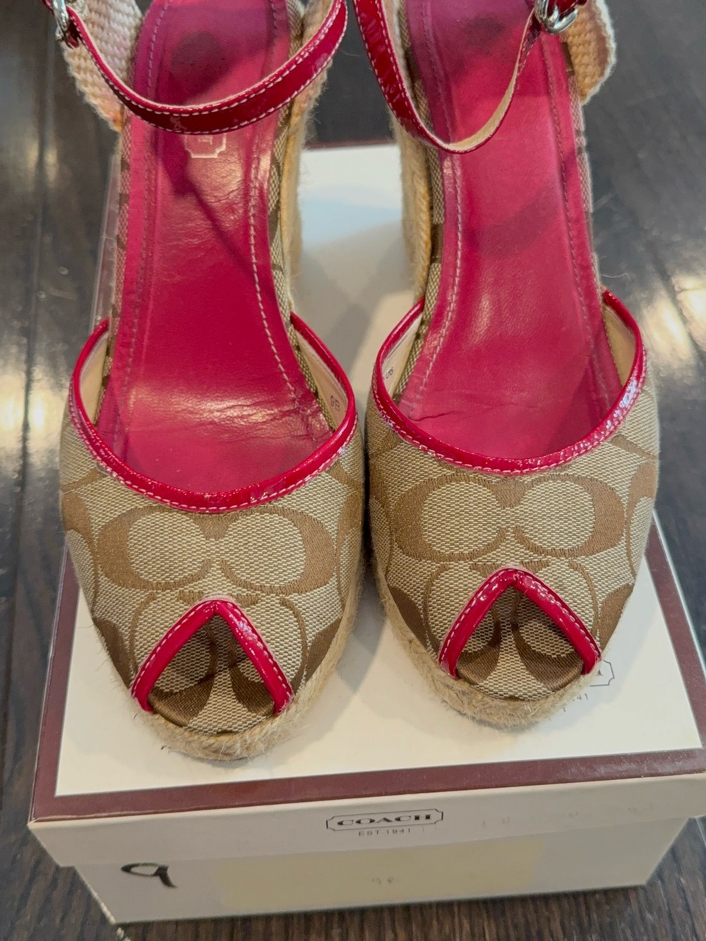 Coach Canvas Signature Espadrille Wedge Sandals in Beige and Pink